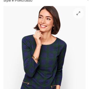 Talbots Zip Pocket Jacquard Blue Green Plaid Gold Sz M